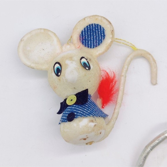 Vintage Christmas Mouse Ornament 2 Flocked Cute Holiday Mid Century? Ornaments - Picture 4 of 16